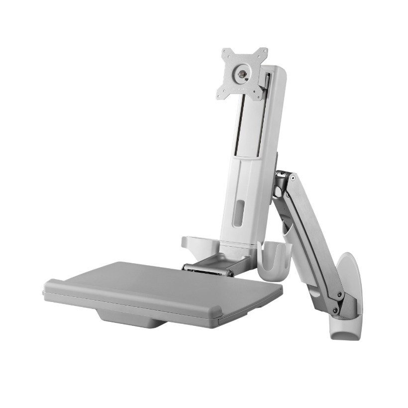 ARES-5221B is a single arm wall-mounted workstation with keyboard tray. It is compatible with 75 x 75/ 100 x 100mm VESA patterns and screens up to 27"